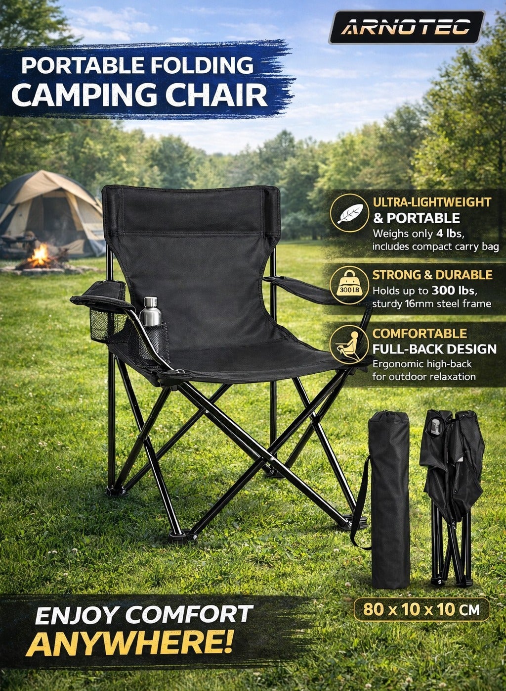 Portable Folding Camping Chair with Carry Bag – Lightweight Outdoor Chair for Camping, Beach, Hiking, Picnic & Sports – Heavy-Duty Steel Frame, 300lbs Capacity, Full-Back Support
